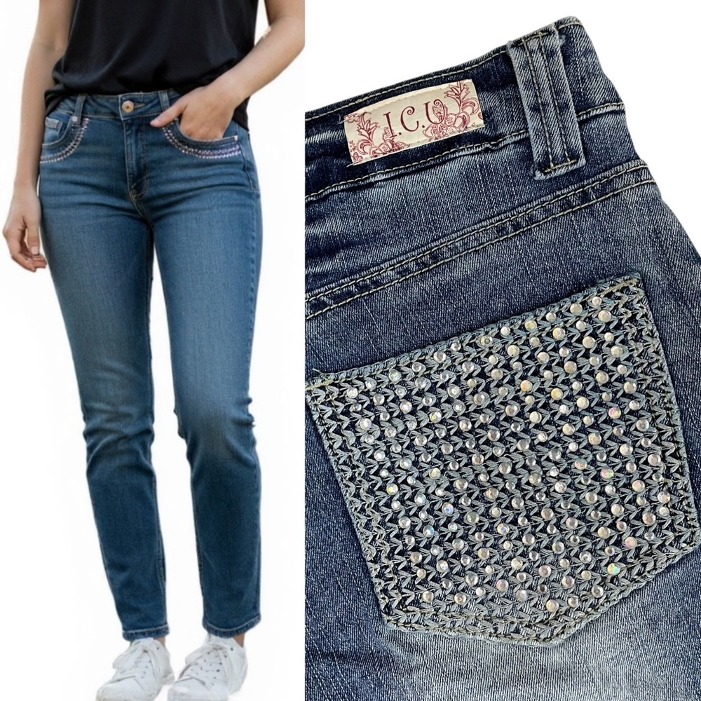 Vintage I.C.U. Studded Rhinestones Embroidered Y2K Straight Jeans‎ Sz 29